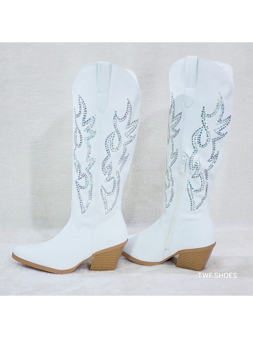 NIB Ann White Leatherette With Rhinestones Country Glam Western Cowgirl Knee Bo